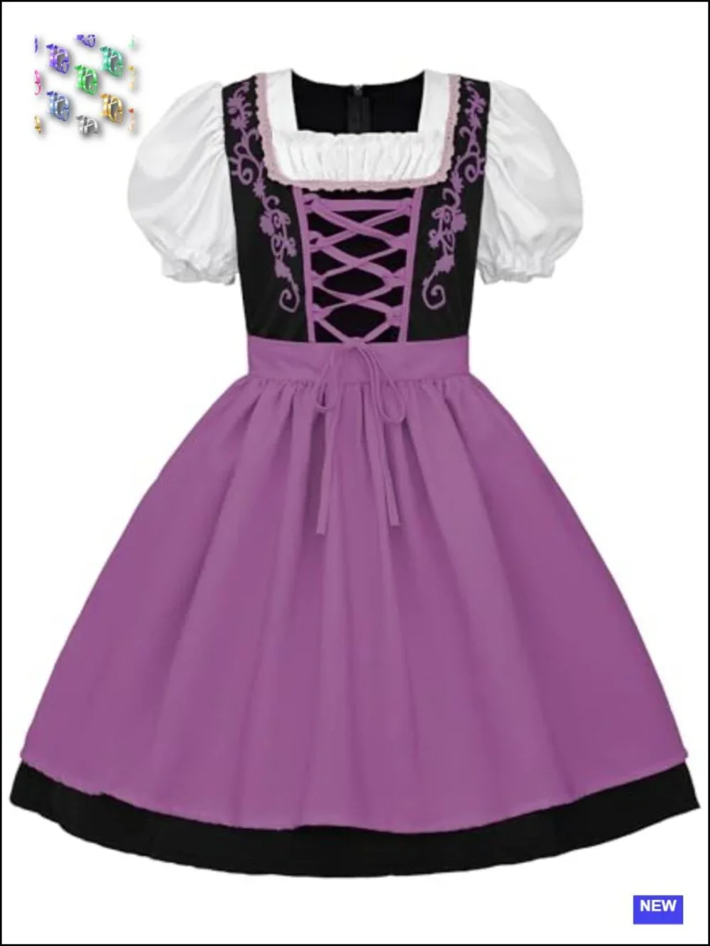 Girls' Dirndl Oktoberfest Costume Dress with Apron, Puff Sleeves, Lace-Up Bodice